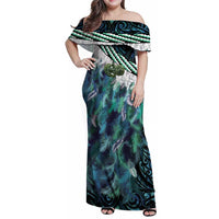 Turquoise Traditional Cloak Aotearoa Family Matching Off Shoulder Maxi Dress and Hawaiian Shirt Maori Paua Shell Korowai Pattern