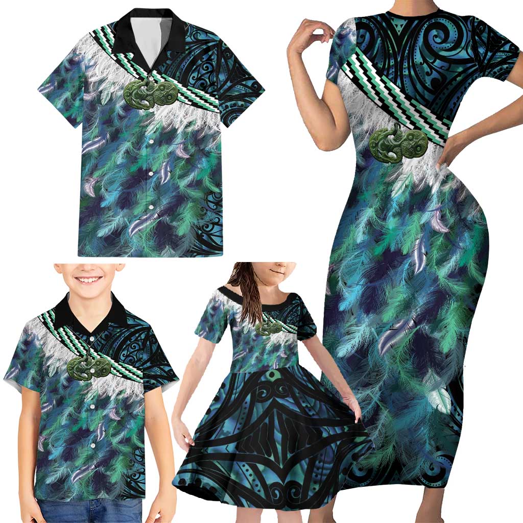 Turquoise Traditional Cloak Aotearoa Family Matching Short Sleeve Bodycon Dress and Hawaiian Shirt Maori Paua Shell Korowai Pattern