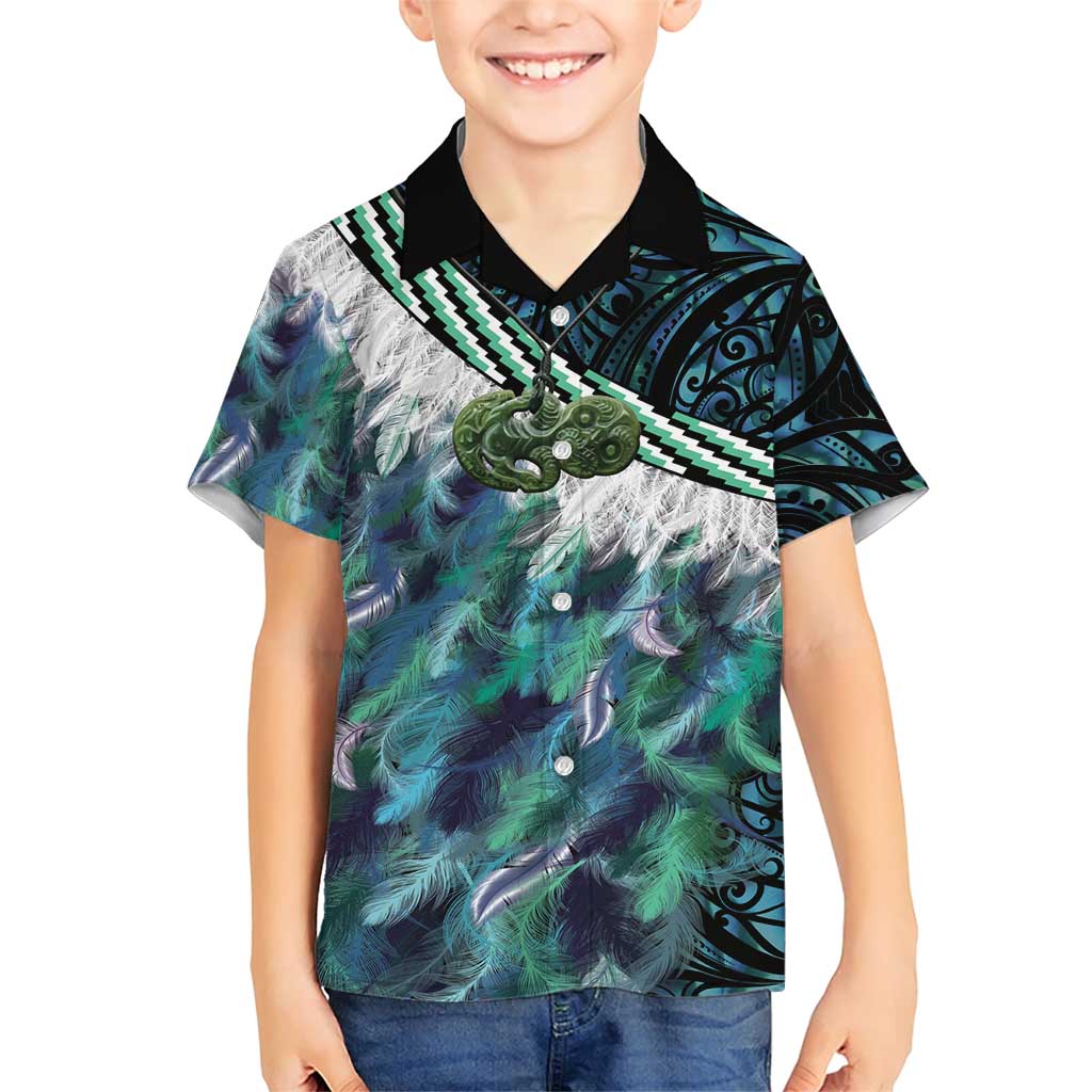 Turquoise Traditional Cloak Aotearoa Family Matching Short Sleeve Bodycon Dress and Hawaiian Shirt Maori Paua Shell Korowai Pattern