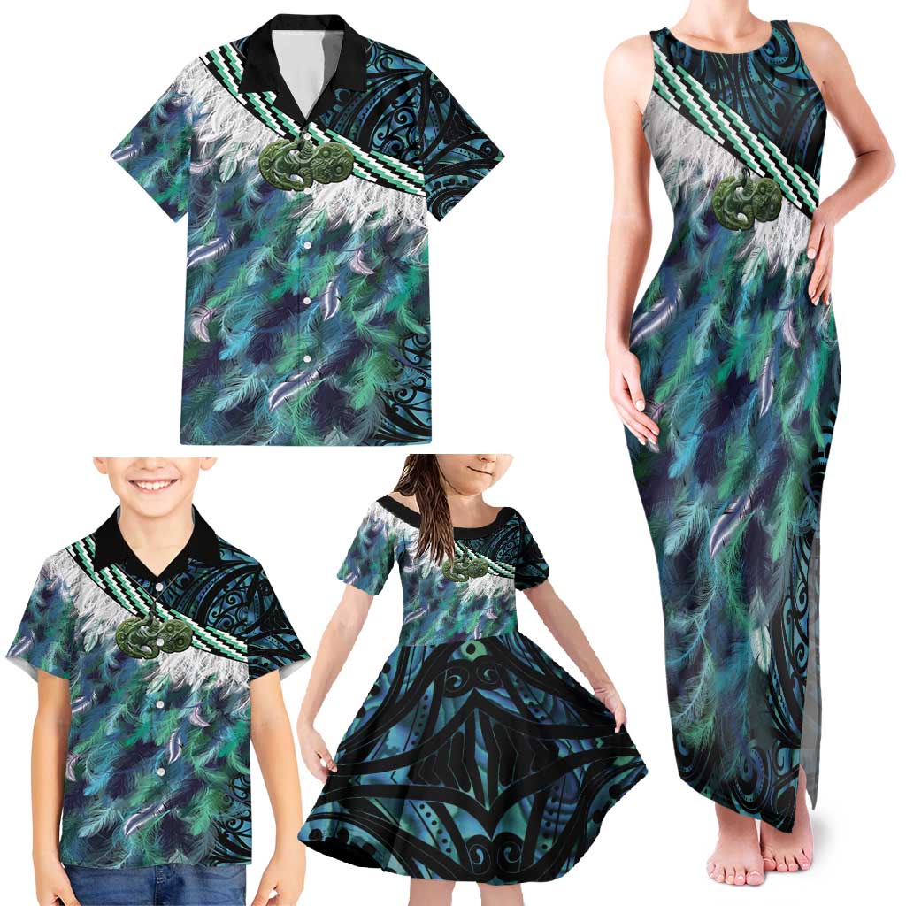 Turquoise Traditional Cloak Aotearoa Family Matching Tank Maxi Dress and Hawaiian Shirt Maori Paua Shell Korowai Pattern