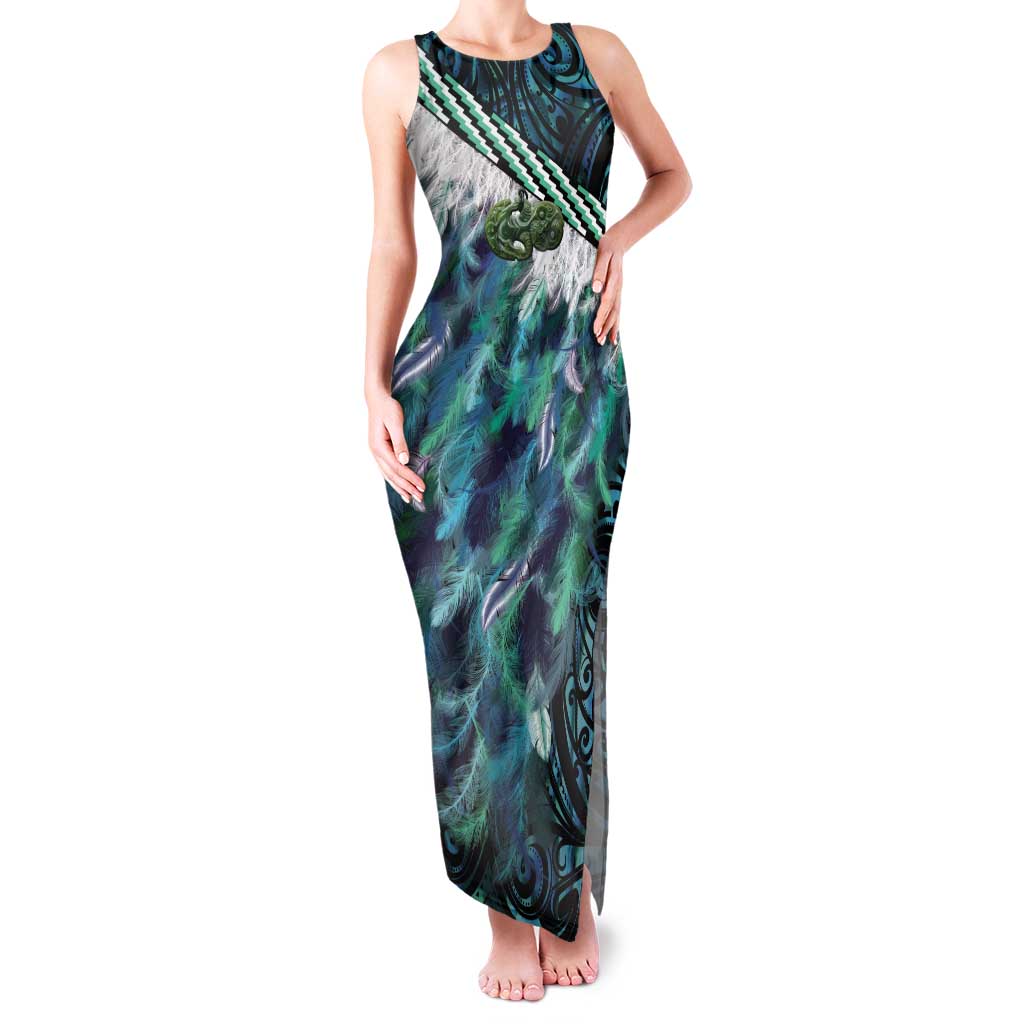 Turquoise Traditional Cloak Aotearoa Family Matching Tank Maxi Dress and Hawaiian Shirt Maori Paua Shell Korowai Pattern