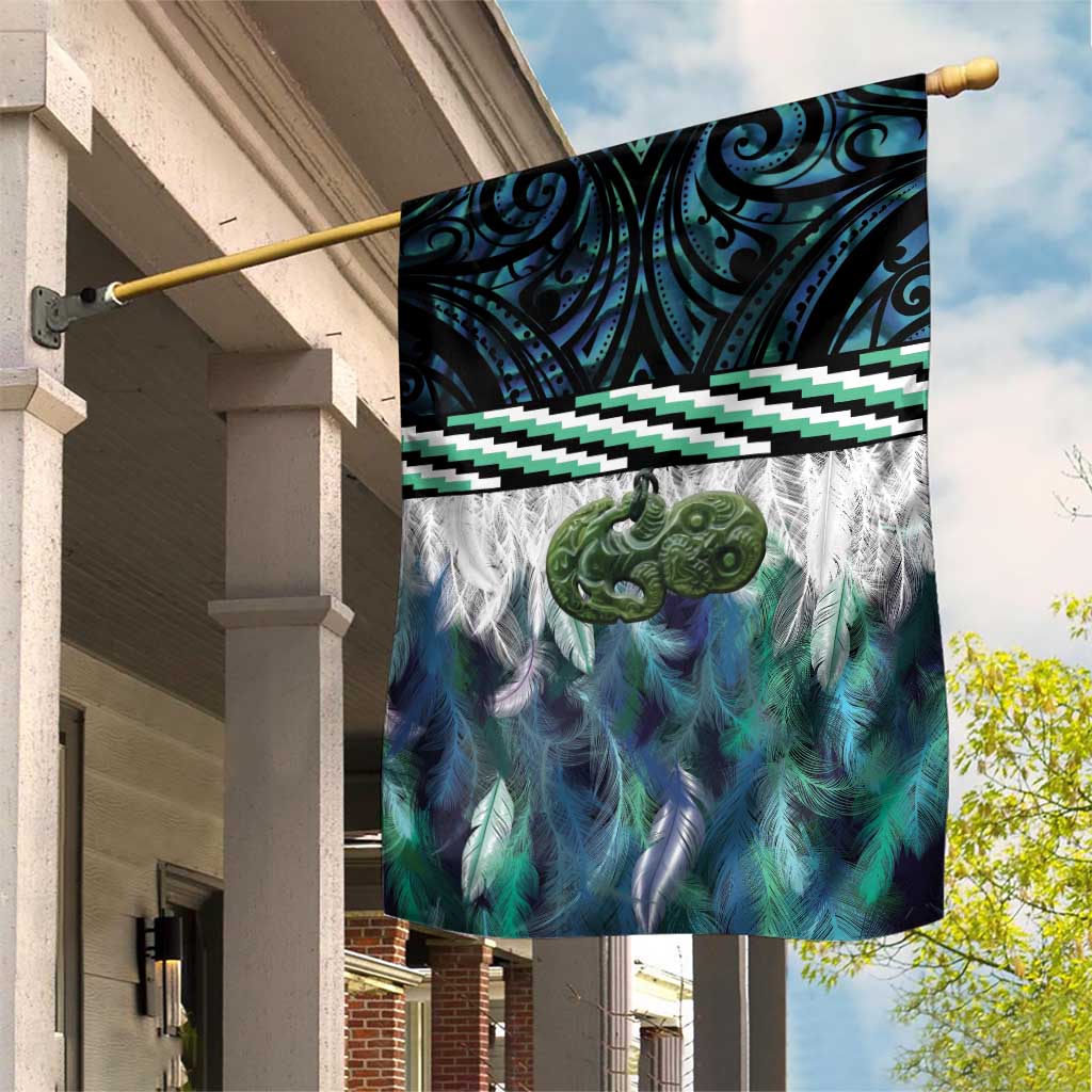 Turquoise Traditional Cloak Aotearoa Garden Flag Maori Paua Shell Korowai Pattern