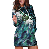Turquoise Traditional Cloak Aotearoa Hoodie Dress Maori Paua Shell Korowai Pattern