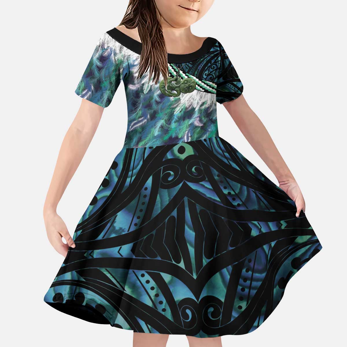 Turquoise Traditional Cloak Aotearoa Kid Short Sleeve Dress Maori Paua Shell Korowai Pattern LT14 KID Turquoise - Polynesian Pride