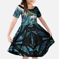 Turquoise Traditional Cloak Aotearoa Kid Short Sleeve Dress Maori Paua Shell Korowai Pattern LT14 KID Turquoise - Polynesian Pride