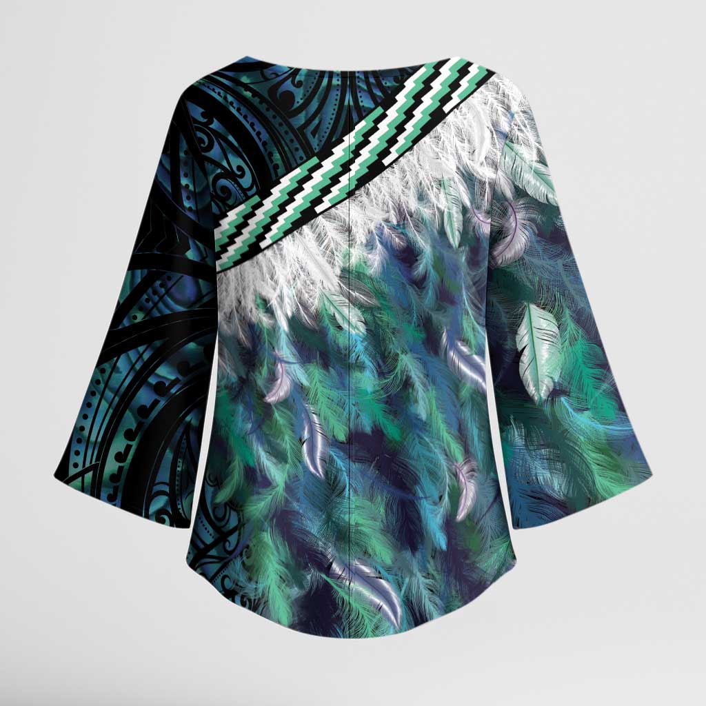 Turquoise Traditional Cloak Aotearoa Kimono Sleeve Blouse Maori Paua Shell Korowai Pattern - Polynesian Pride