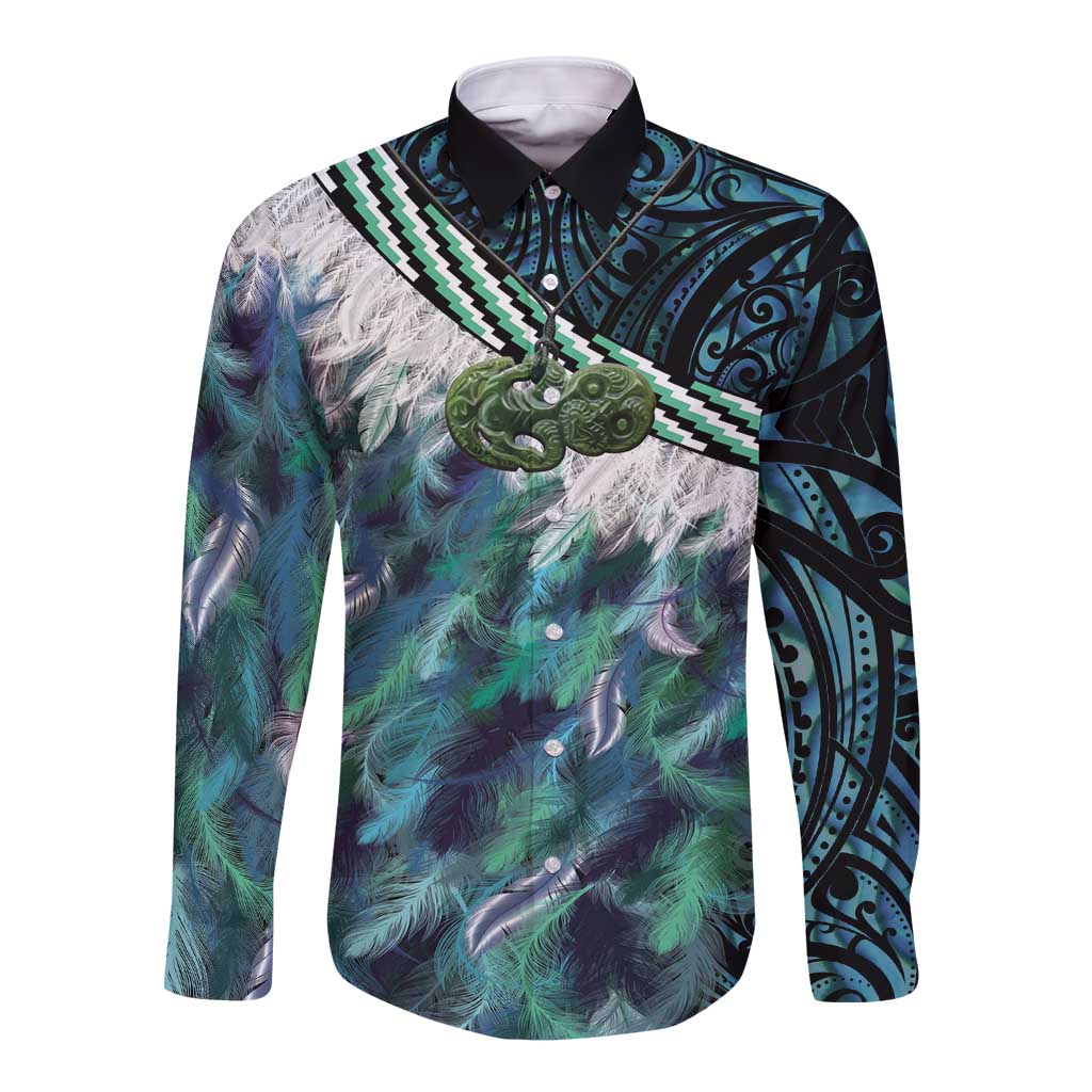 Turquoise Traditional Cloak Aotearoa Long Sleeve Button Shirt Maori Paua Shell Korowai Pattern