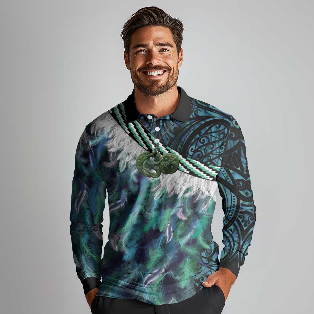 Turquoise Traditional Cloak Aotearoa Long Sleeve Polo Shirt Maori Paua Shell Korowai Pattern