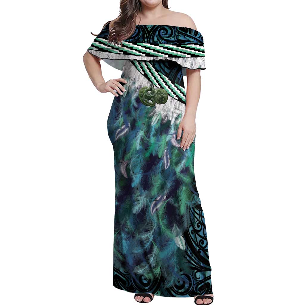Turquoise Traditional Cloak Aotearoa Off Shoulder Maxi Dress Maori Paua Shell Korowai Pattern