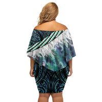 Turquoise Traditional Cloak Aotearoa Off Shoulder Short Dress Maori Paua Shell Korowai Pattern