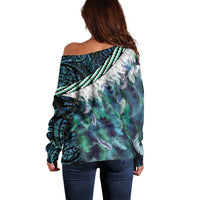 Turquoise Traditional Cloak Aotearoa Off Shoulder Sweater Maori Paua Shell Korowai Pattern