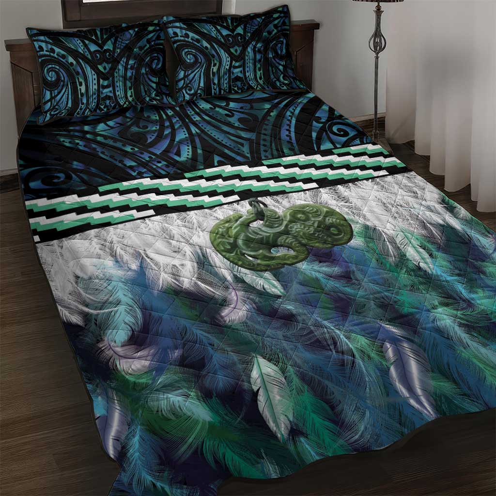 Turquoise Traditional Cloak Aotearoa Quilt Bed Set Maori Paua Shell Korowai Pattern