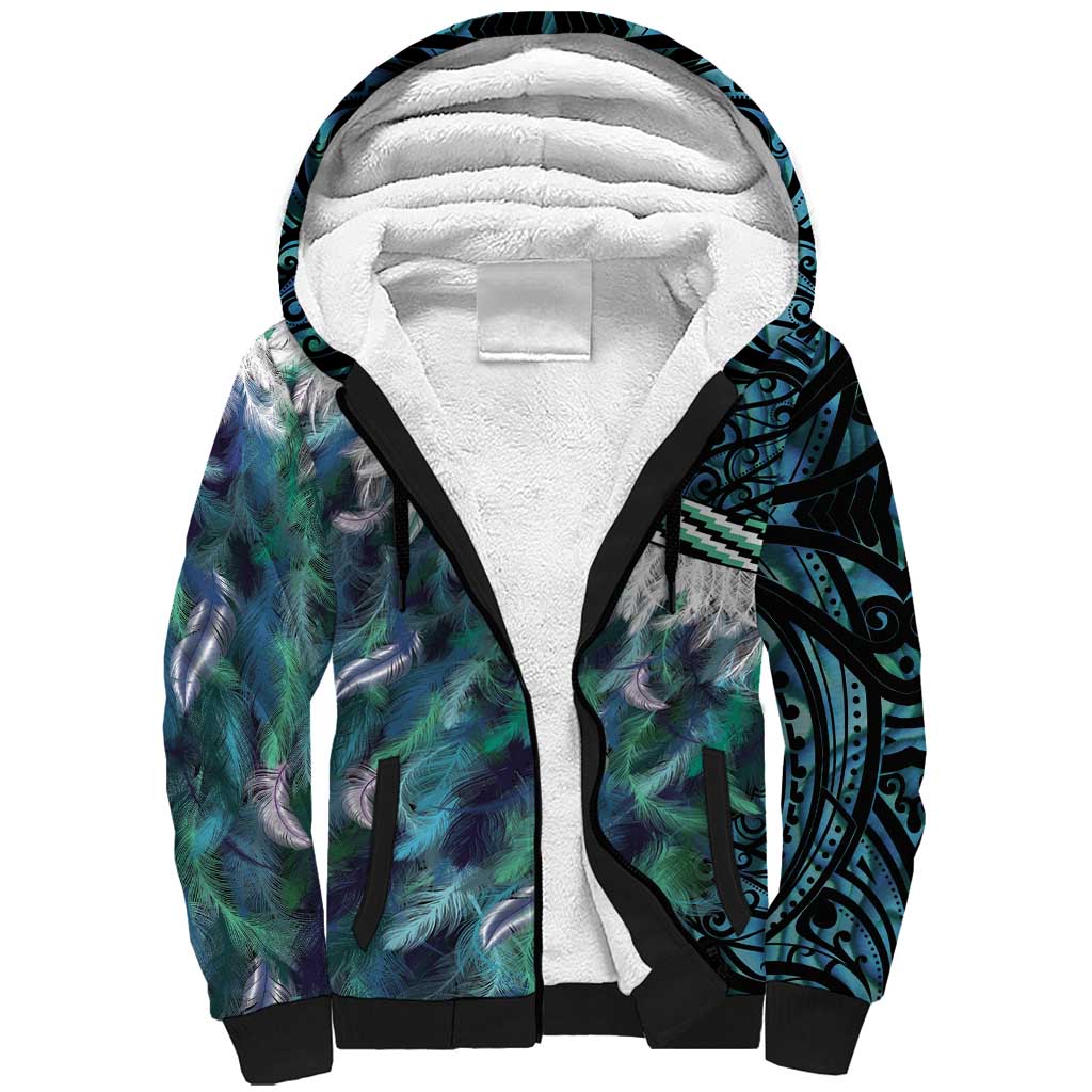 Turquoise Traditional Cloak Aotearoa Sherpa Hoodie Maori Paua Shell Korowai Pattern