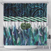 Turquoise Traditional Cloak Aotearoa Shower Curtain Maori Paua Shell Korowai Pattern