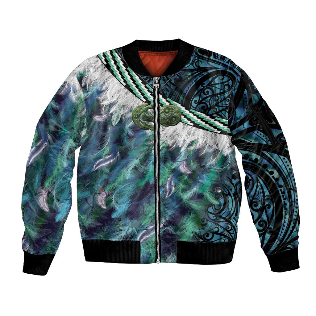 Turquoise Traditional Cloak Aotearoa Sleeve Zip Bomber Jacket Maori Paua Shell Korowai Pattern
