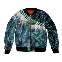 Turquoise Traditional Cloak Aotearoa Sleeve Zip Bomber Jacket Maori Paua Shell Korowai Pattern