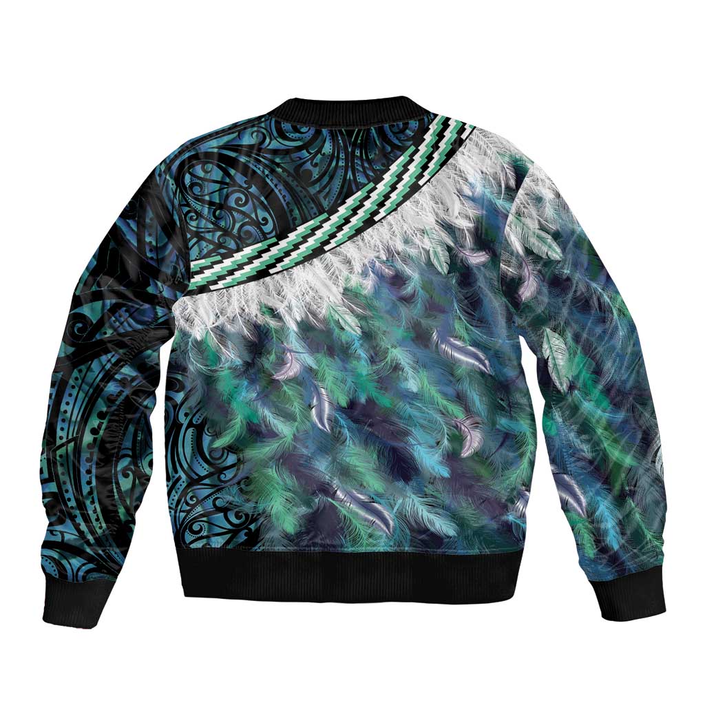 Turquoise Traditional Cloak Aotearoa Sleeve Zip Bomber Jacket Maori Paua Shell Korowai Pattern