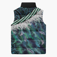 Turquoise Traditional Cloak Aotearoa Sleeveless Puffer Jacket Maori Paua Shell Korowai Pattern - Polynesian Pride