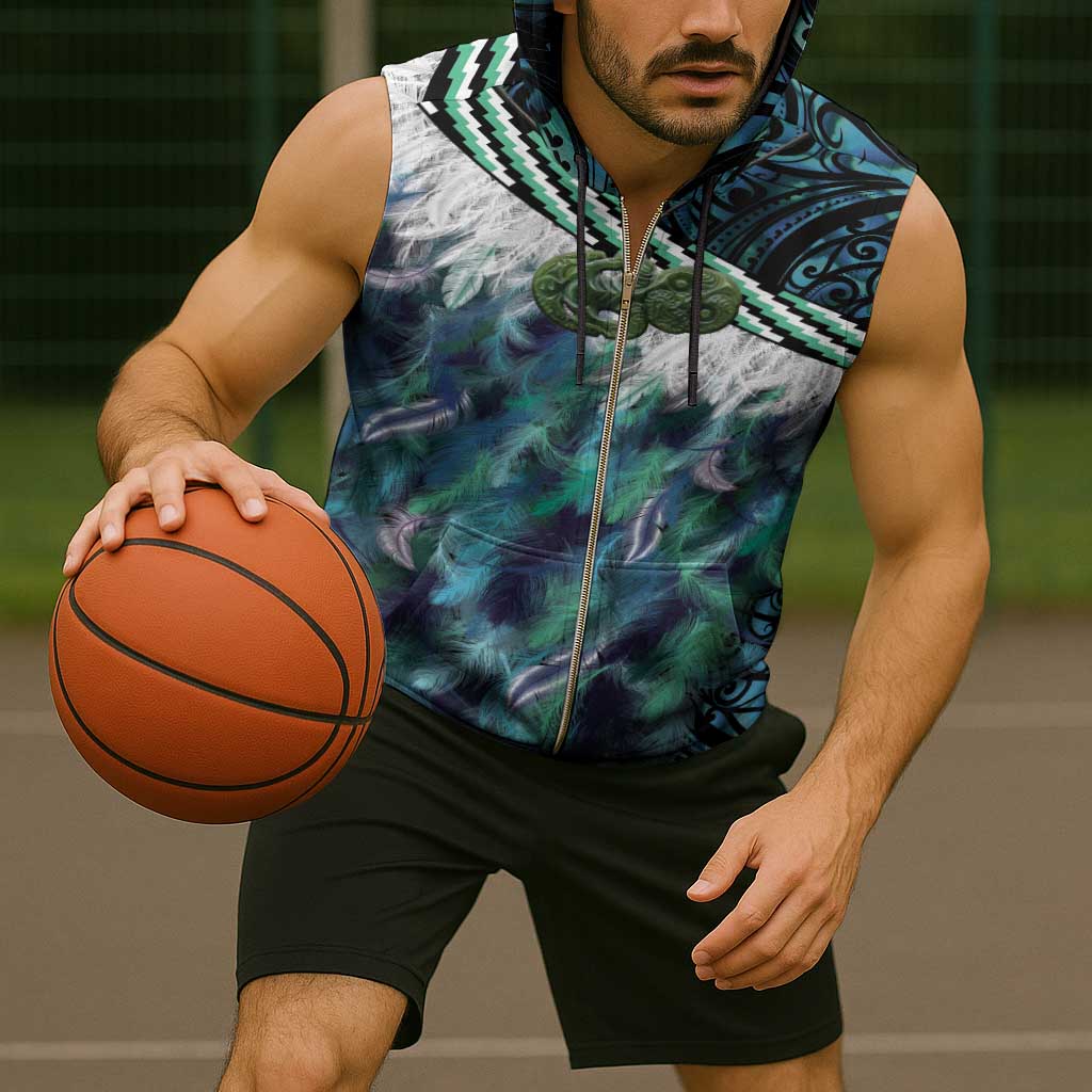 Turquoise Traditional Cloak Aotearoa Sleeveless Zip Hoodie Maori Paua Shell Korowai Pattern - Polynesian Pride