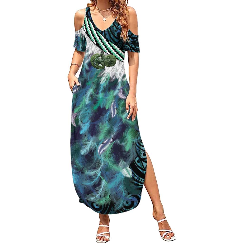 Turquoise Traditional Cloak Aotearoa Summer Maxi Dress Maori Paua Shell Korowai Pattern