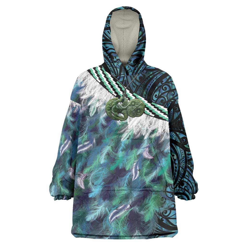 Turquoise Traditional Cloak Aotearoa Wearable Blanket Hoodie Maori Paua Shell Korowai Pattern
