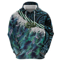 Turquoise Traditional Cloak Aotearoa Zip Hoodie Maori Paua Shell Korowai Pattern