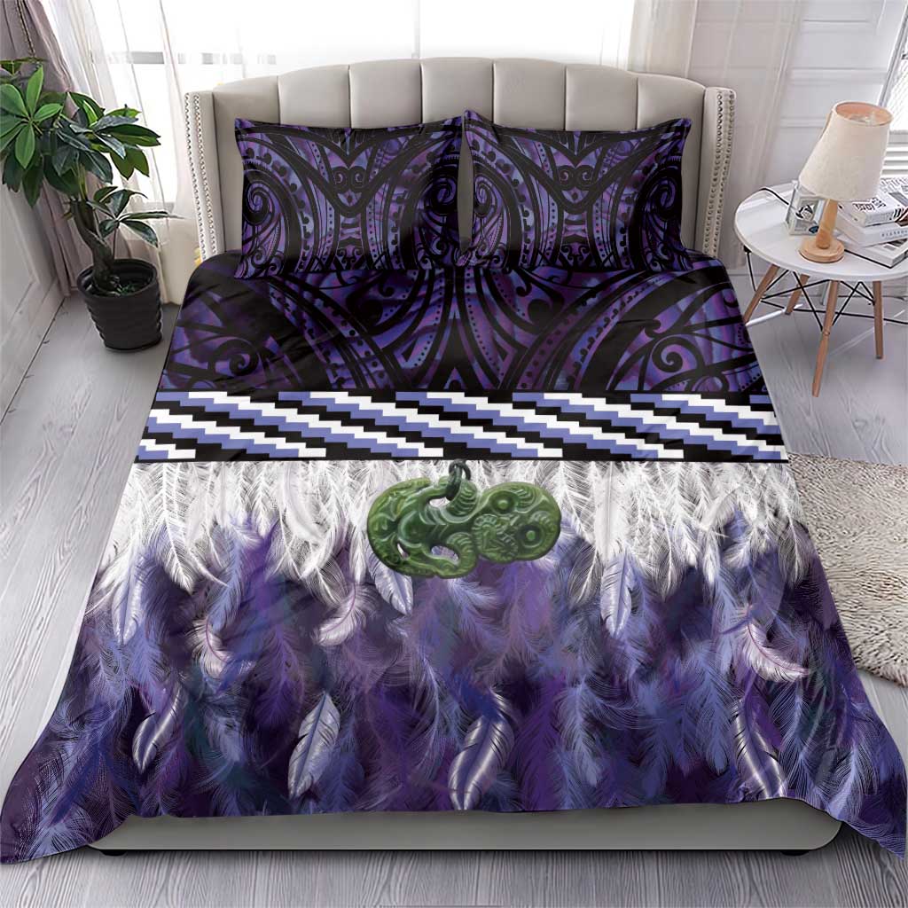 Purple Traditional Cloak Aotearoa Bedding Set Maori Paua Shell Korowai Pattern