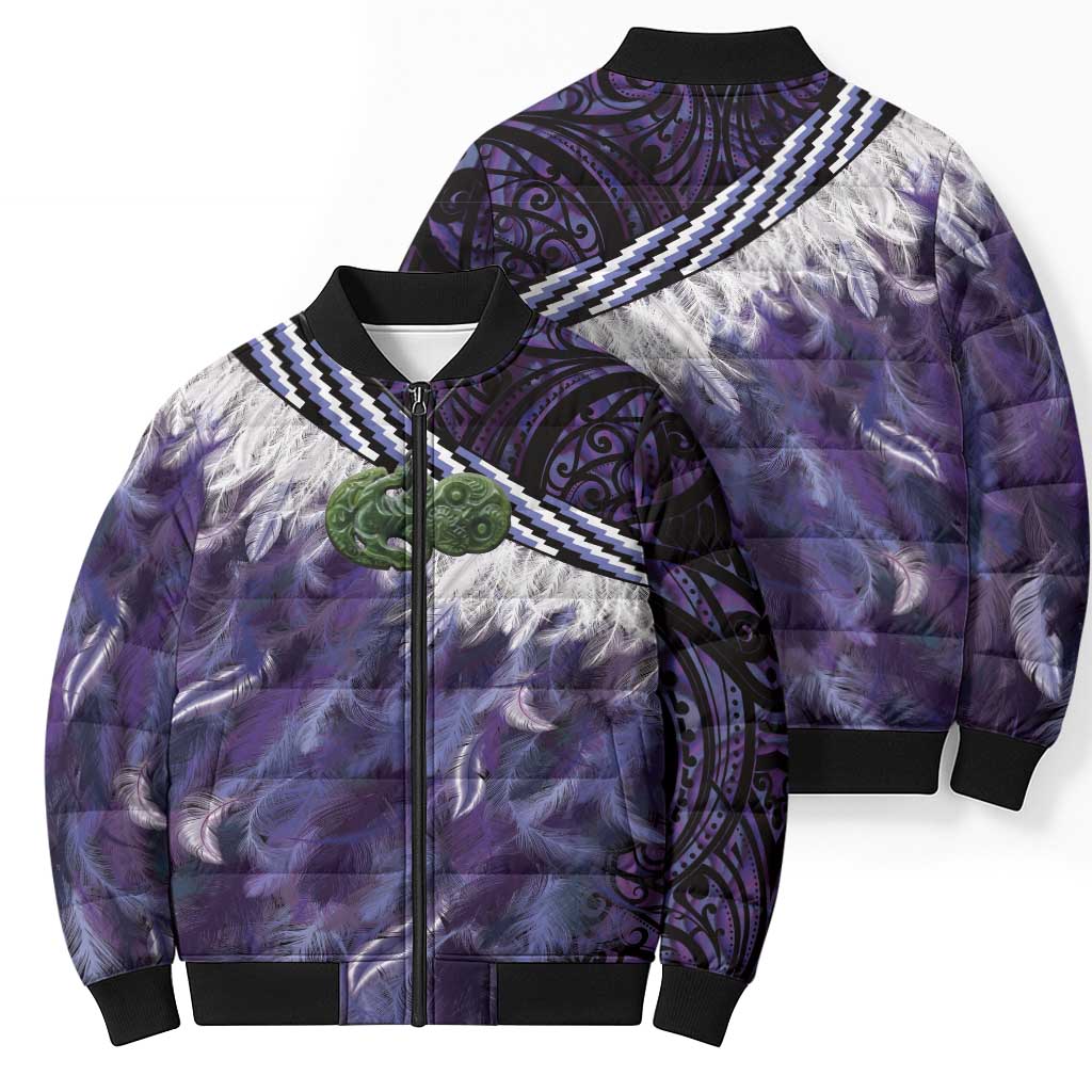 Purple Traditional Cloak Aotearoa Bomber Puffer Jacket Maori Paua Shell Korowai Pattern - Polynesian Pride