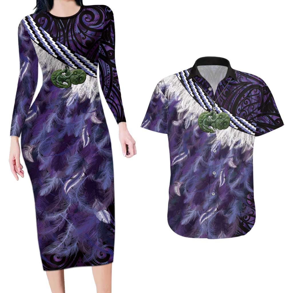 Purple Traditional Cloak Aotearoa Couples Matching Long Sleeve Bodycon Dress and Hawaiian Shirt Maori Paua Shell Korowai Pattern
