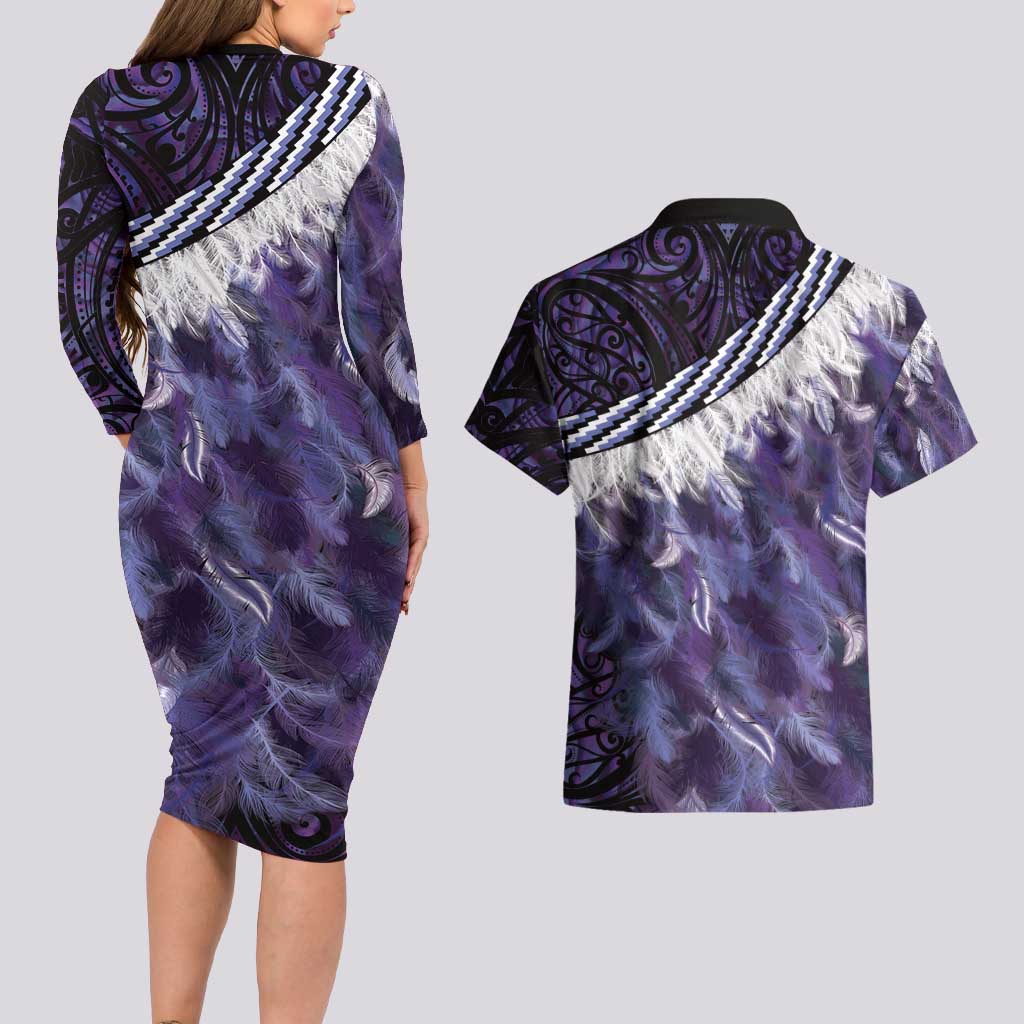 Purple Traditional Cloak Aotearoa Couples Matching Long Sleeve Bodycon Dress and Hawaiian Shirt Maori Paua Shell Korowai Pattern