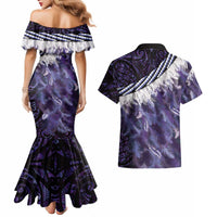 Purple Traditional Cloak Aotearoa Couples Matching Mermaid Dress and Hawaiian Shirt Maori Paua Shell Korowai Pattern