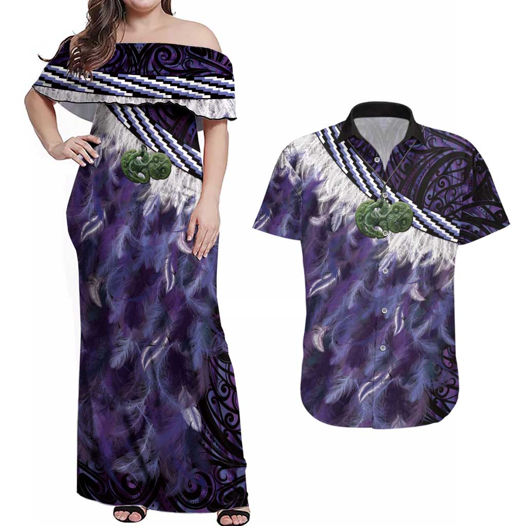Purple Traditional Cloak Aotearoa Couples Matching Off Shoulder Maxi Dress and Hawaiian Shirt Maori Paua Shell Korowai Pattern