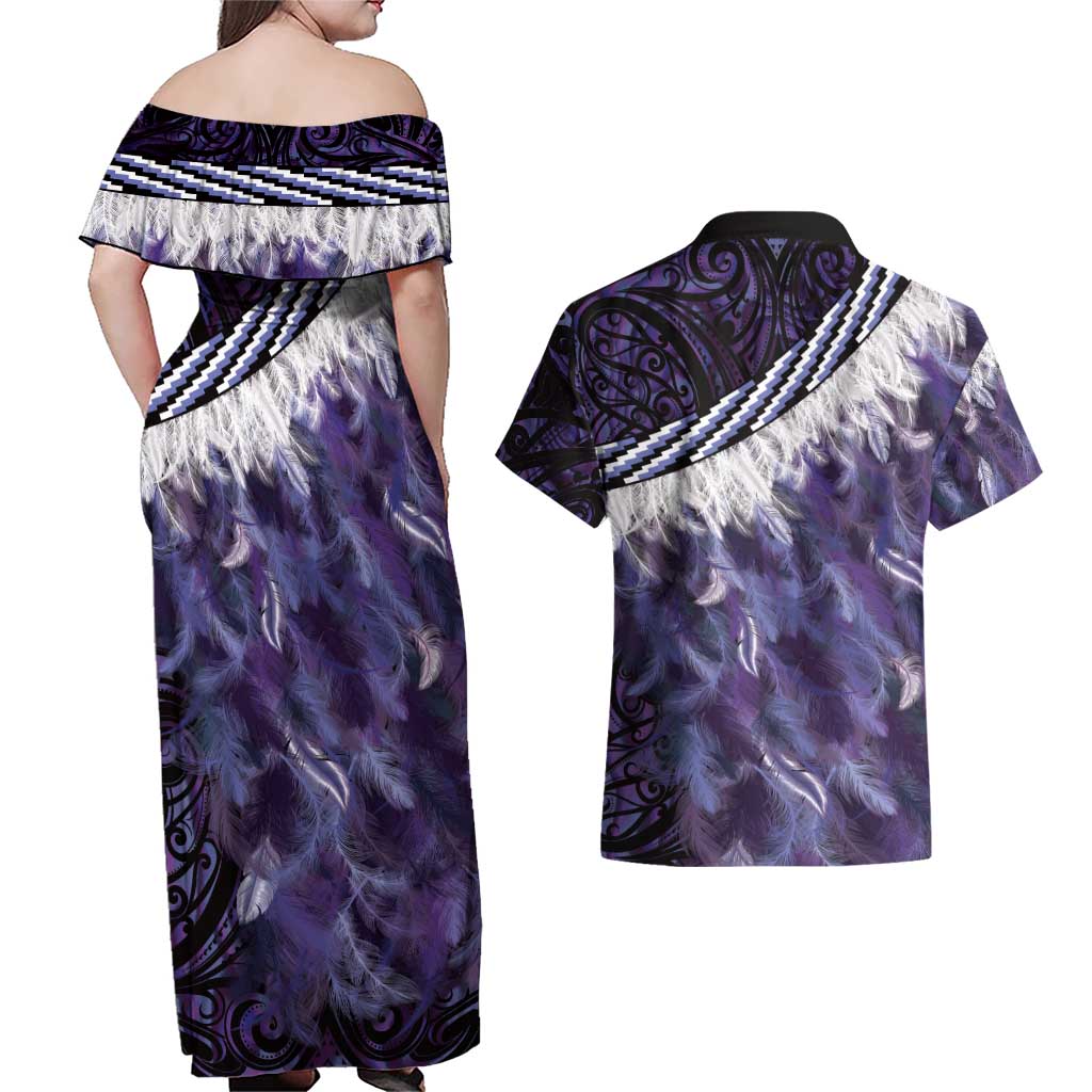 Purple Traditional Cloak Aotearoa Couples Matching Off Shoulder Maxi Dress and Hawaiian Shirt Maori Paua Shell Korowai Pattern