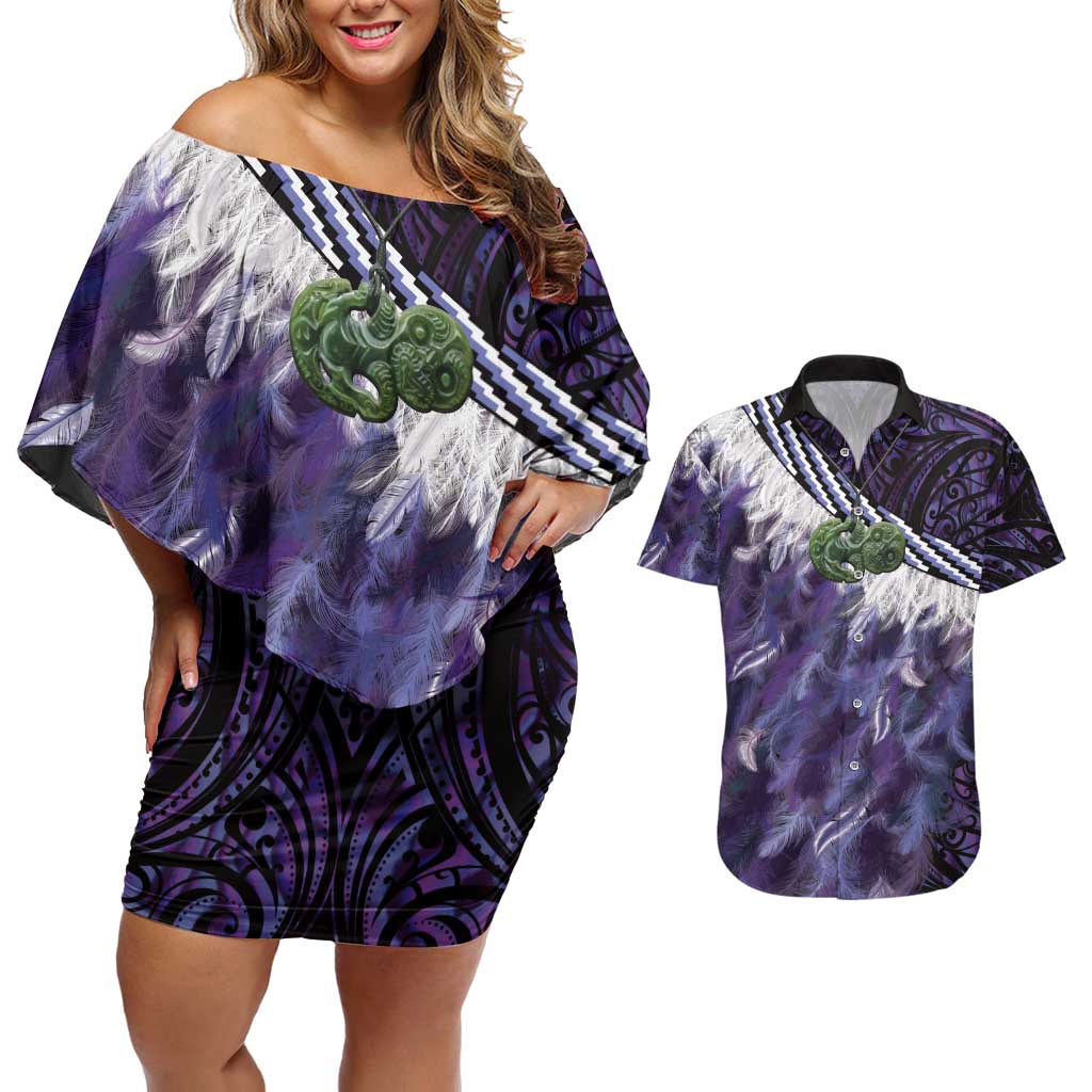Purple Traditional Cloak Aotearoa Couples Matching Off Shoulder Short Dress and Hawaiian Shirt Maori Paua Shell Korowai Pattern