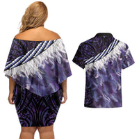 Purple Traditional Cloak Aotearoa Couples Matching Off Shoulder Short Dress and Hawaiian Shirt Maori Paua Shell Korowai Pattern