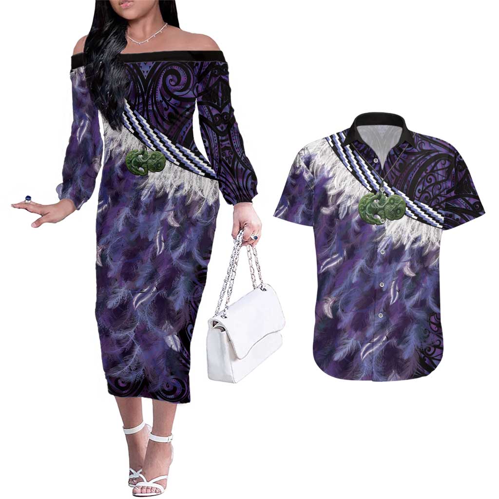 Purple Traditional Cloak Aotearoa Couples Matching Off The Shoulder Long Sleeve Dress and Hawaiian Shirt Maori Paua Shell Korowai Pattern