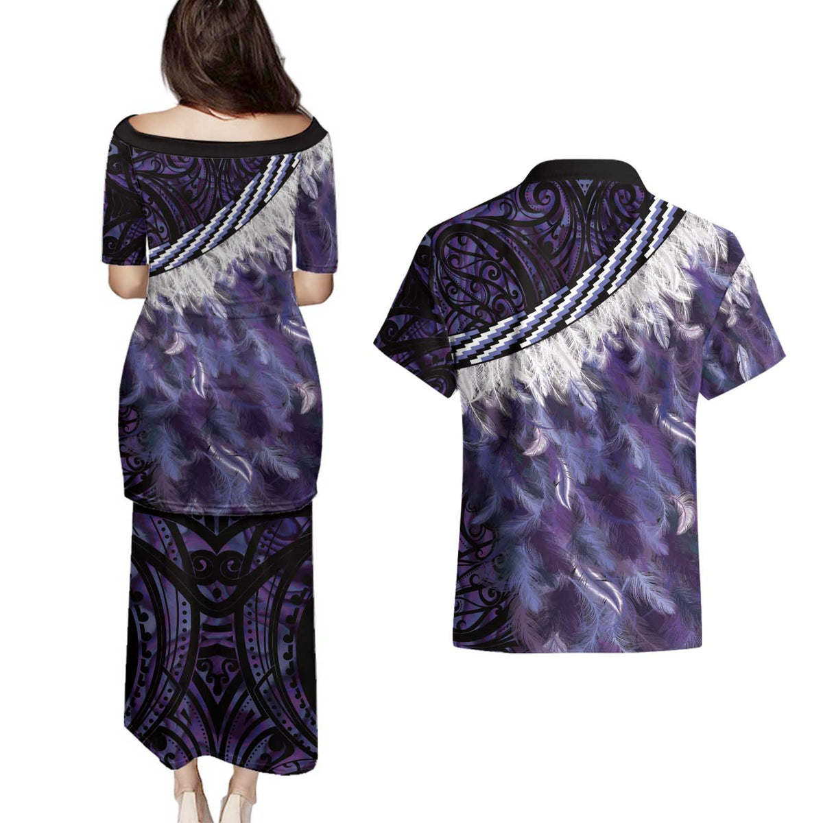Purple Traditional Cloak Aotearoa Couples Matching Puletasi and Hawaiian Shirt Maori Paua Shell Korowai Pattern