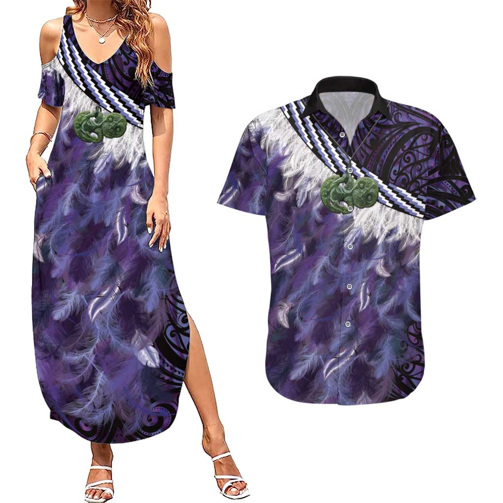 Purple Traditional Cloak Aotearoa Couples Matching Summer Maxi Dress and Hawaiian Shirt Maori Paua Shell Korowai Pattern