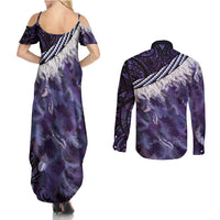 Purple Traditional Cloak Aotearoa Couples Matching Summer Maxi Dress and Long Sleeve Button Shirt Maori Paua Shell Korowai Pattern