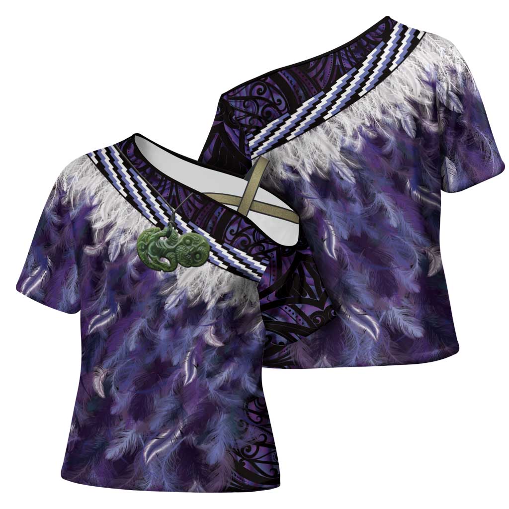 Purple Traditional Cloak Aotearoa Cross Shoulder Shirt Maori Paua Shell Korowai Pattern - Polynesian Pride