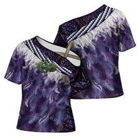 Purple Traditional Cloak Aotearoa Cross Shoulder Shirt Maori Paua Shell Korowai Pattern - Polynesian Pride