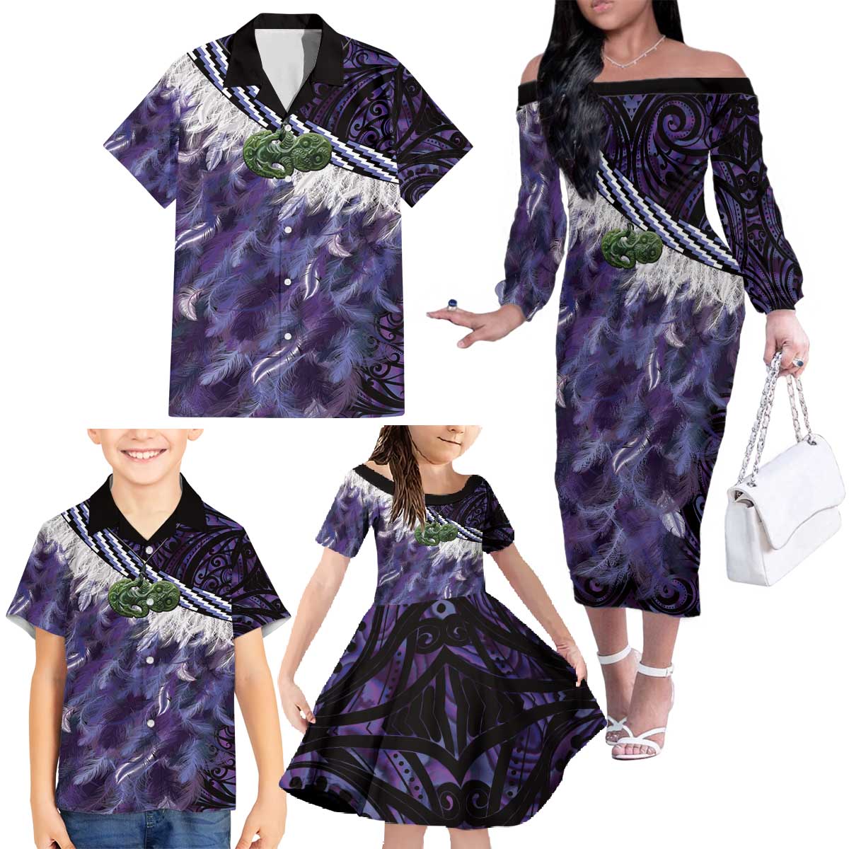 Purple Traditional Cloak Aotearoa Family Matching Off The Shoulder Long Sleeve Dress and Hawaiian Shirt Maori Paua Shell Korowai Pattern