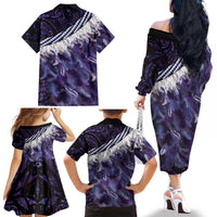 Purple Traditional Cloak Aotearoa Family Matching Off The Shoulder Long Sleeve Dress and Hawaiian Shirt Maori Paua Shell Korowai Pattern