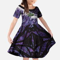 Purple Traditional Cloak Aotearoa Family Matching Short Sleeve Bodycon Dress and Hawaiian Shirt Maori Paua Shell Korowai Pattern