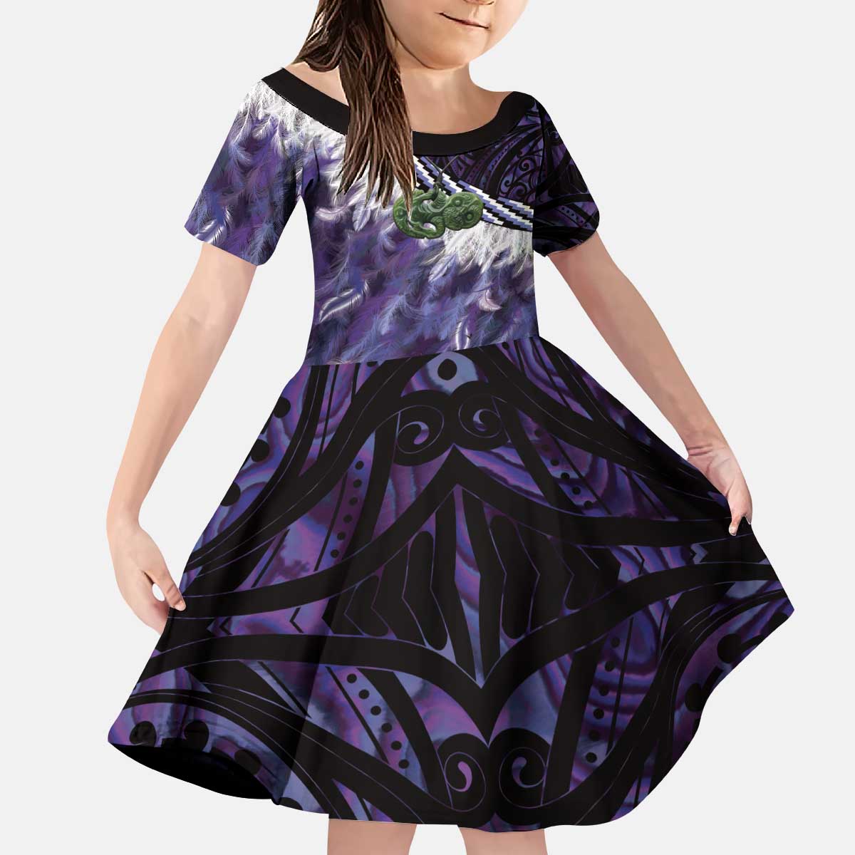 Purple Traditional Cloak Aotearoa Kid Short Sleeve Dress Maori Paua Shell Korowai Pattern LT14 KID Purple - Polynesian Pride
