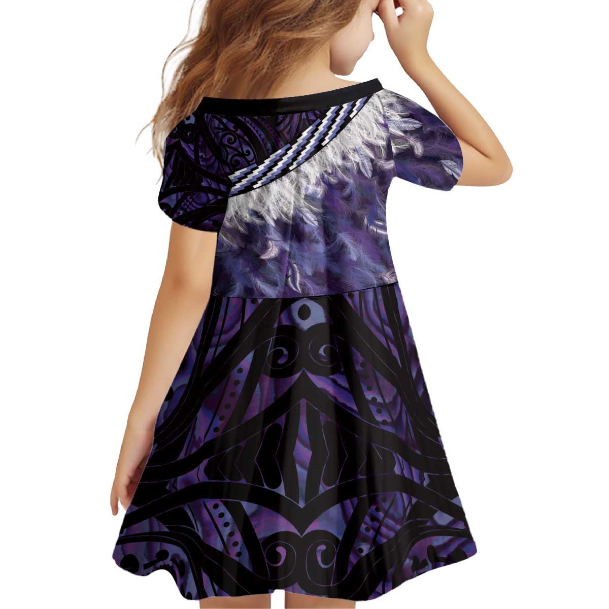 Purple Traditional Cloak Aotearoa Kid Short Sleeve Dress Maori Paua Shell Korowai Pattern