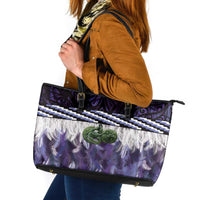 Purple Traditional Cloak Aotearoa Leather Tote Bag Maori Paua Shell Korowai Pattern