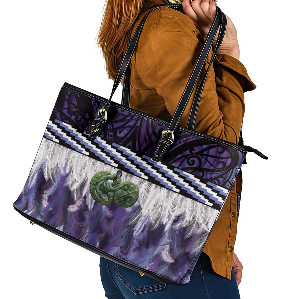 Purple Traditional Cloak Aotearoa Leather Tote Bag Maori Paua Shell Korowai Pattern