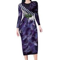 Purple Traditional Cloak Aotearoa Long Sleeve Bodycon Dress Maori Paua Shell Korowai Pattern