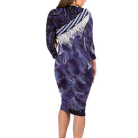 Purple Traditional Cloak Aotearoa Long Sleeve Bodycon Dress Maori Paua Shell Korowai Pattern